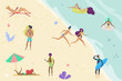 © lembergvector - Vector summertime cartoon illustration. People activities on the beach. Friends enjoing time summer vacation.