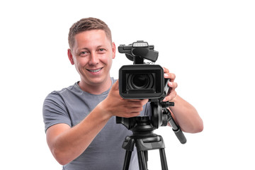 Cameraman. Video camera operator isolated on a white background.