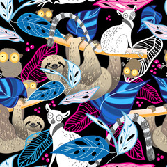 Seamless bright vector tropical pattern of lemurs and sloths