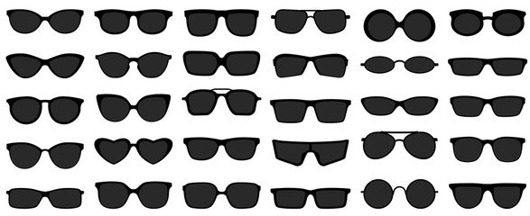 sunglasses icons. black sunglass, mens glasses silhouette and retro eyewear icon. polarized geek gla