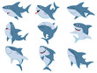 Cartoon sharks. Comic shark animals, scary jaws and ocean swimming angry sharks. Marine predator fish mascot or big sea sharks creatures character. Vector illustration isolated icons set