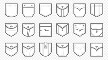 Patch Pocket. Uniform Clothes Pockets Patches With Seam, Patched Denim Pocket Line. Casual Style Pocketful Dress Clothes, Shirt Arms Pocket Icons. Isolated Icon Vector Set