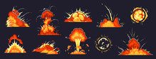 Cartoon Bomb Explosion. Dynamite Explosions, Danger Explosive Bomb Detonation And Atomic Bombs Cloud Comics. Bomb Dynamites Detonators Mobile Game Animation. Isolated Vector Illustration Icons Set
