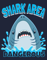 Shark area poster. Attack sharks, ocean diving and sea surf warning. Extreme surfing beach shirt typography shark mascot print art or marine fish horror banner cartoon vector illustration