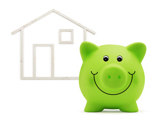 piggy bank with wood house shape isolated on white background, green building and energy save concept