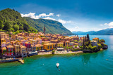 Fototapeta Góry - Aerial view of Varena old town on Lake Como with the mountains in the background, Italy, Europe