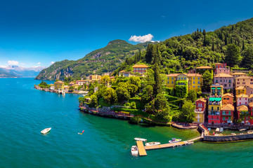 Wall Mural - Aerial view of Varena old town on Lake Como with the mountains in the background, Italy, Europe