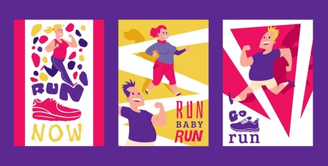 Canvas Print - People with overweight doing exercises set of cards, posters vector illustration. Sport running. Run baby run. Sport shoes, sneakers for training, fitness. Healthy lifestyle.