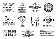 Set Of 11 Engraved Style Illustrations For Posters, Decoration, T-shirt Design. Hand Drawn Baseball Sketches With Motivational Typography Isolated On White Background. Detailed Vintage Drawing Logo.