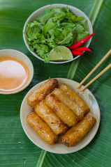 Wall Mural - Vietnamese fried spring rolls with fresh vegetable and peanut sauce