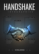 Handshake. Polygonal wireframe composition. Infographics brochure design. Abstract illustration isolated on black background. Particles are connected in a geometric silhouette.