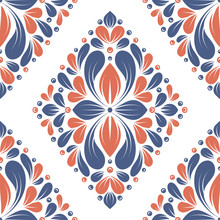 Orange And Blue Floral Seamless Pattern. Vintage Vector, Luxury Elements. Great For Fabric, Invitation, Flyer, Menu, Brochure, Background, Wallpaper, Decoration, Packaging Or Any Desired Idea.