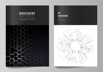 Vector layout of A4 format modern cover mockups design templates for brochure, magazine, flyer, booklet, annual report. Technology, science, future concept abstract futuristic backgrounds.