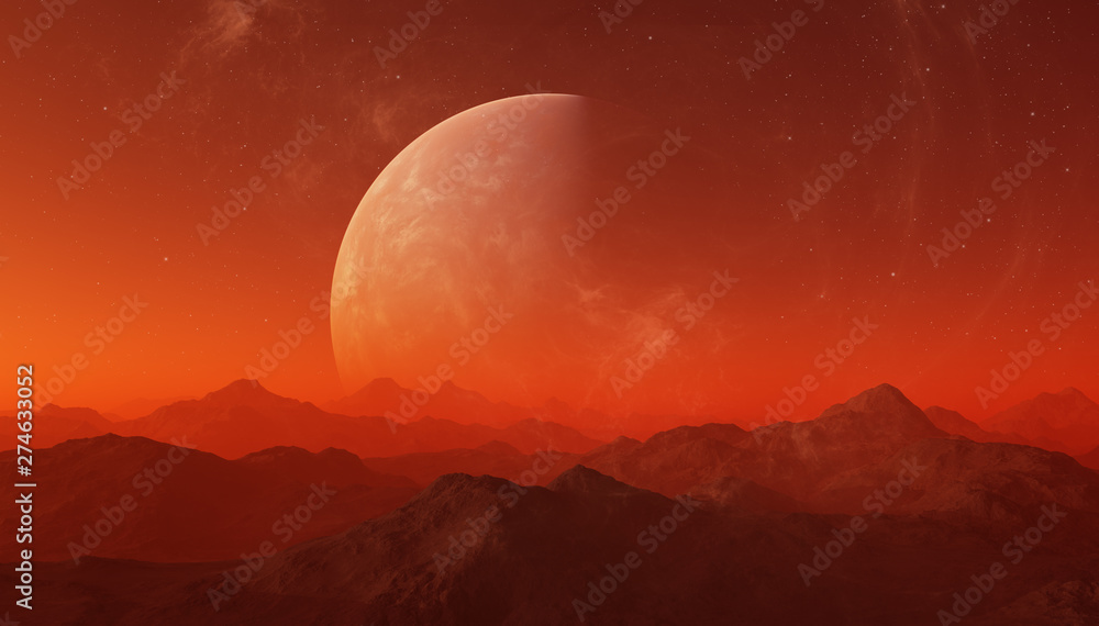 3d rendered Space Art: Alien Planet - A Fantasy Landscape with red skies and stars - obrazy, fototapety, plakaty 