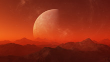 3d Rendered Space Art: Alien Planet - A Fantasy Landscape With Red Skies And Stars