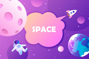 Wall Mural - Horizontal space background with abstract shape and planets. Web design. Space exploring. Vector illustration. Astronaut. Rocket launch. 