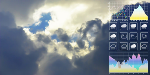 Wall Mural - weather forecast symbol data presentation with graph and chart on tropical storm background.dramatic