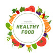 © Ramziia - Healthy food. Vegetables sketch menu. Round Frame. Color circle. Hand drawn doodle vector. Design template. Organic market. Tomato, eggplant, cucumber, pumpkin, carrot and pepper. Salad ingredients
