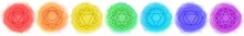 Chakras Set: Muladhara, Swadhisthana, Manipura, Anahata, Vishuddha, Ajna, Sahasrara. Vector Line Symbol. Om Sign. Smoky Circles. Watercolor Style. Sacral Icon. Meditation