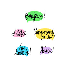 Set of hand-written doodle lettering words and phrases in French