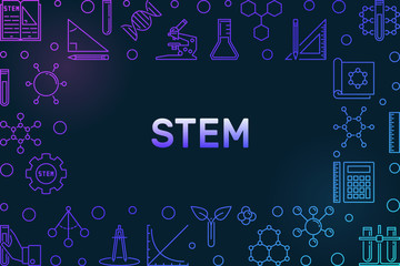 Wall Mural - STEM concept outline horizontal colored frame - vector Science, Technology, Engineering and Math illustration on dark background