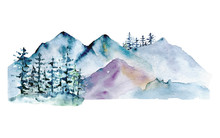Mountains, Forest Nature Landscape. Watercolor Wildlife. Perfectly For Tourism And Outdoor Design. Hand Painting Sketch Scenery. Illustration Isolated On White Background. 