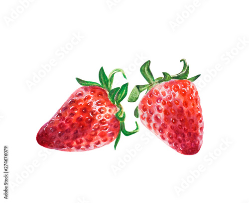 Watercolor two bright red juicy strawberries. Food background, painted bright...