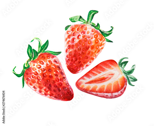 Watercolor red juicy strawberries with half berry. Food background, painted b...