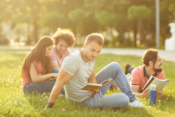 Wall Mural - A group of students studying books sitting in a city park.