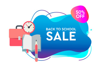 Sticker - Back to school Sale. Dynamic style banner design with fluid gradient elements. Creative illustration for poster, web, landing, page, cover, ad, greeting, card, social media, promotion.