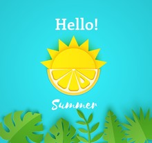 Paper Cut Summer Card. Half Sun And Yellow Lemon Fruits On A Blue Background With Jungle Leaves. Vector Illustration Origami Style.