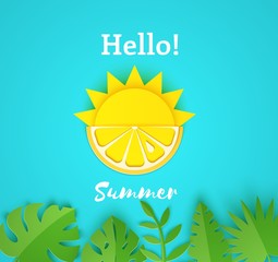 Paper cut summer card. Half sun and yellow lemon fruits on a blue background with jungle leaves. Vector illustration origami style.