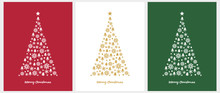 Merry Christmas Vector Card. White And Gold Christmas Tree Isolated On A Red, White And Green Background. Christmas Illustration In 3 Different Colors. Tree Made Of Stars, Hearts, Trees And Snowflakes