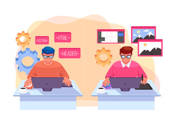 Programmer and designer workers website development concept. Vector flat cartoon graphic design illustration