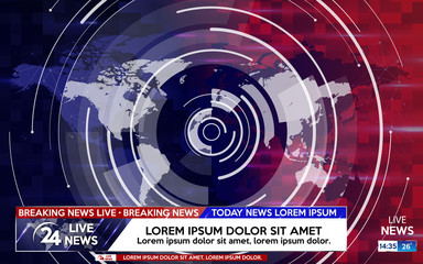 Sticker - Breaking news live on world map on the blue and red background. Background screen saver on breaking news.  Vector illustration.