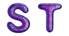 Realistic 3D Letters Set S, T Made Of Purple Plastic.
