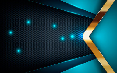 Wall Mural - blue abstract dimension on dark hexagon background. overlap layers texture with golden list and blue