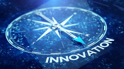 Innovation tecnology concept - Compass needle pointing innovation word. 3d rendering