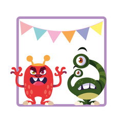 Wall Mural - square frame with funny monsters and garlands hanging