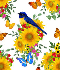  Seamless floral pattern. blue bird sits on a branch of bright red flowers, yellow sunflowers, green leaves, beautiful butterflies.