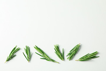 Poster - Flat lay composition with rosemary on white background, space for text