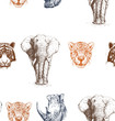 Seamless pattern of hand drawn sketch style portraits of animals: tiger, rhino, elephant and leopard isolated on white background. Vector illustration.