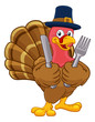 © Christos Georghiou - Pilgrim Turkey Thanksgiving bird animal cartoon character. Wearing a Pilgrims hat and holding a knife and fork