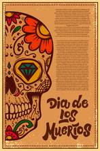 Dia De Los Muertos (Day Of The Dead). Mexican Sugar Skull On Grunge Background. Design Element For Poster, Logo, Label, Sign, Card, Banner. Vector Illustration