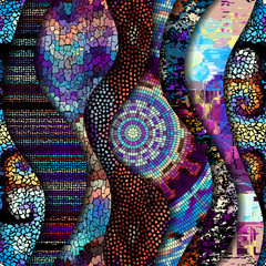 Poster - Carved waves of ornamental mosaic tile patterns. Different mosaic textures. Vector image.