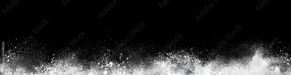 Wide design of abstract powder dust explosion over black background - obrazy, fototapety, plakaty 