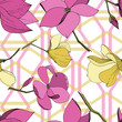 Vector Magnolia floral botanical flowers. Purple and yellow engraved ink art. Seamless background pattern.