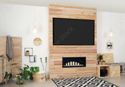 Living Room Interior With Modern Tv On Wooden Wall Buy