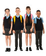 © New Africa - Full length portrait of cute children in school uniform on white background