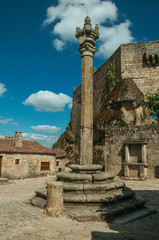 Wall Mural - Close-up of stone pillory and gothic house on square